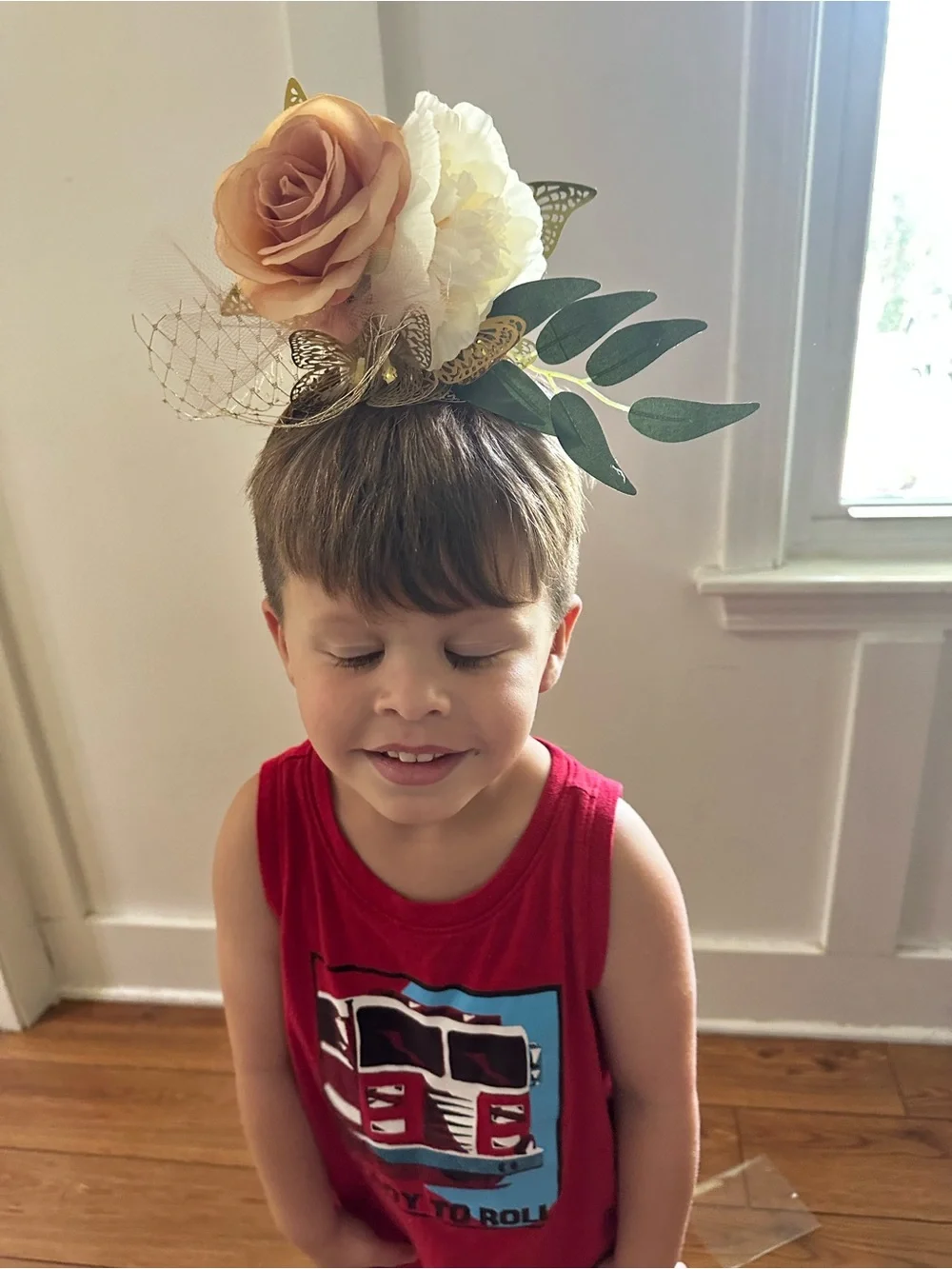 Peach and Ivory Floral Headband Fascinator with Gold Butterfly Accents